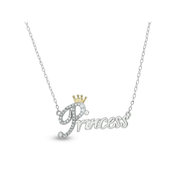 White CZ Sterling Silver and 18kt Gold over Sterling Silver Princess Crown Necklace, 18"