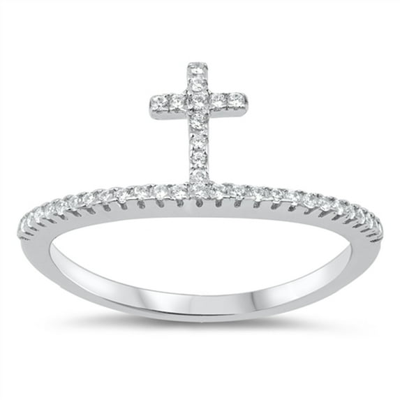 White CZ Thin Standing Cross Micro Pave Ring 925 Sterling Silver Band Jewelry Female Size 8