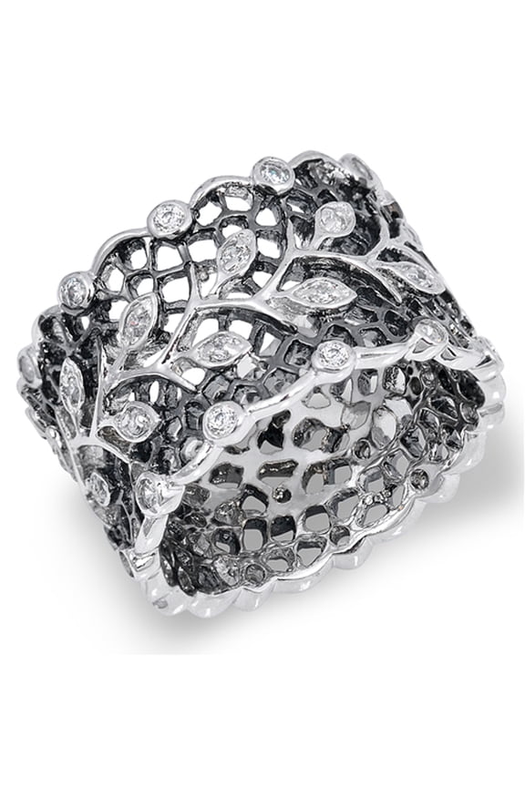 White CZ Victorian Style Filigree Vine Leaf Ring ( Sizes 6 7 8 9 10 ) Sterling Silver Band Rings (Size 7)