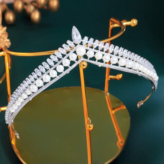 White CZ Women Girl Pearl Tiara Hair Band Bridal Princess Prom Crown Headband