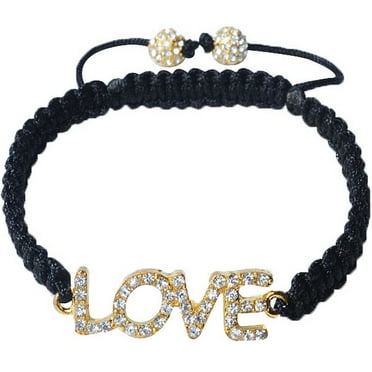 White CZ Yellow Gold-Tone Adjustable Beaded Love Charm Bracelet