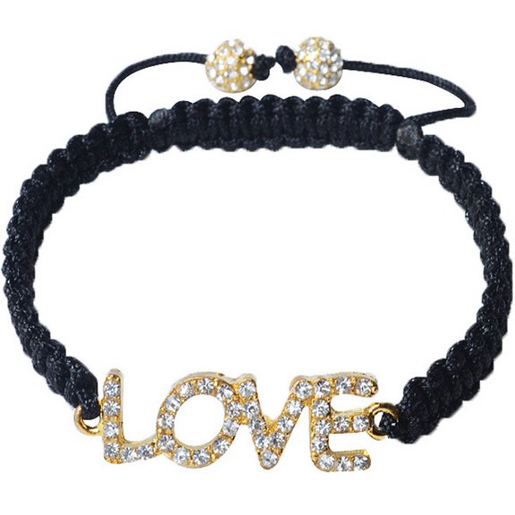 White CZ Yellow Gold-Tone Adjustable Beaded Love Charm Bracelet
