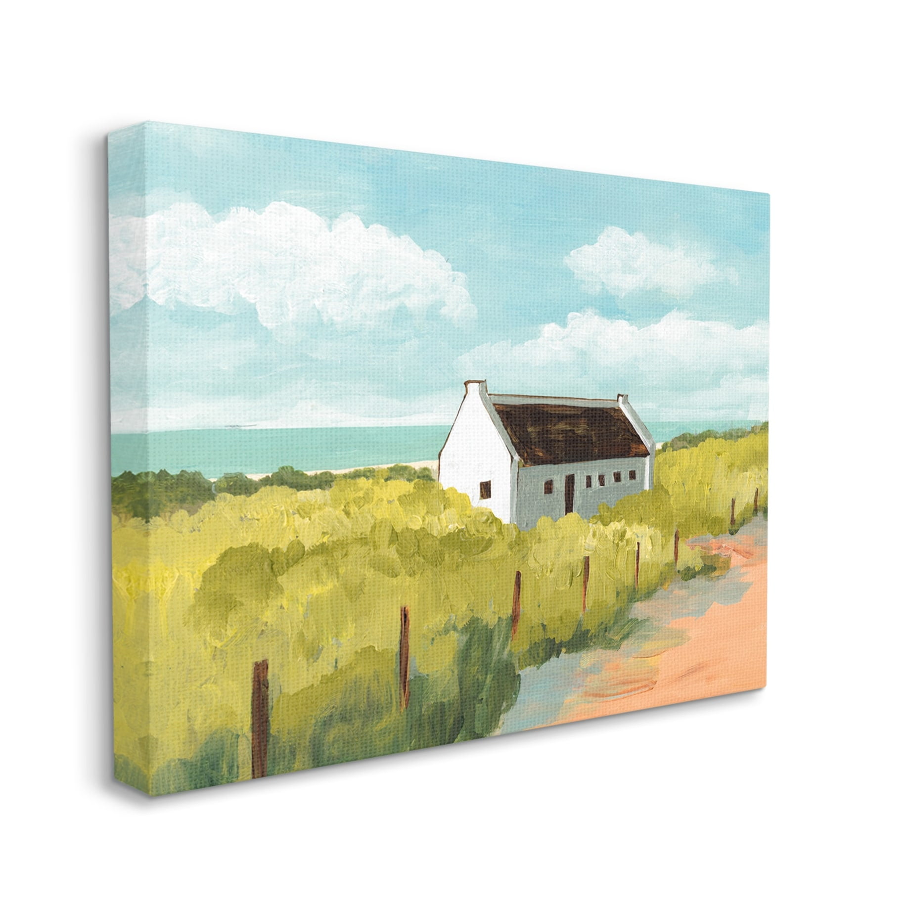 White Cabin Architecture Grassy Coastal Beach Landscape 30 in x 24 in Painting Canvas Art Print, by Stupell Home Décor