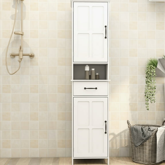 White Cabinet With Double Doors - Slim, Narrow Height Painting For Resistance To Wear For Bathroom, Entryway, Study Assembly Required Door Slim Finish Living Room And Space