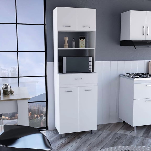 White Cabinet with Drawer | Microwave and Big Kitchen Item Storage | Enhanced Kitchen Decor with Collection