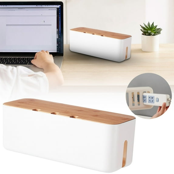 White Cable Box with Wooden Lid, Desktop Organizer, Tv, Computer, Usb Hub, Extension Cord Cover, Concealment System