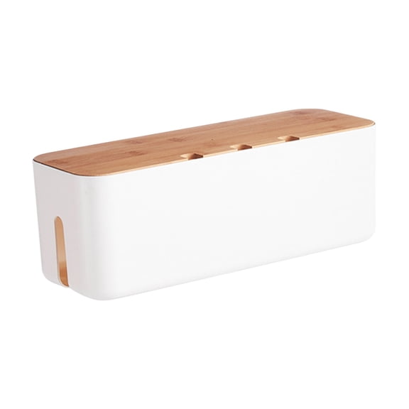 White Cable Management Box with Wood Lid, Hide Power Strips & Cords for TV, Computer & USB Hub, Desktop Organizer