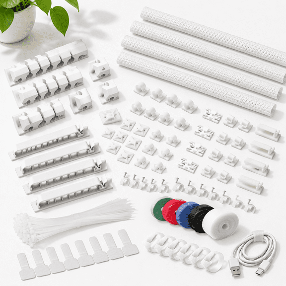 White Cable Management Kit with 4 Sleeves, 65 Clips and Assorted Fasteners