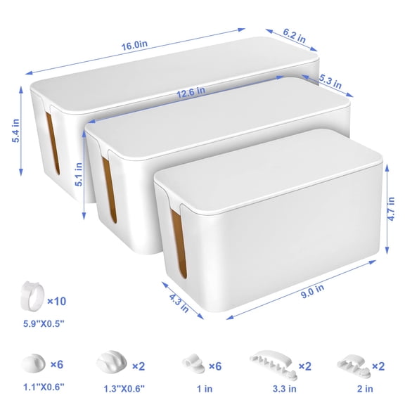 White Cable Organizer Box Set of Three, Power Cord Holder for Desk