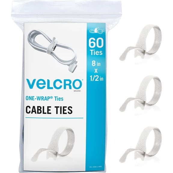 White Cable Ties Heavy Duty | 60Pc Bulk Pack | 8 x 1/2" ONE-WRAP Straps | Strong Reusable Wire Management | Cord Bundling for Home Office and Data Centers (Packaging May Vary)