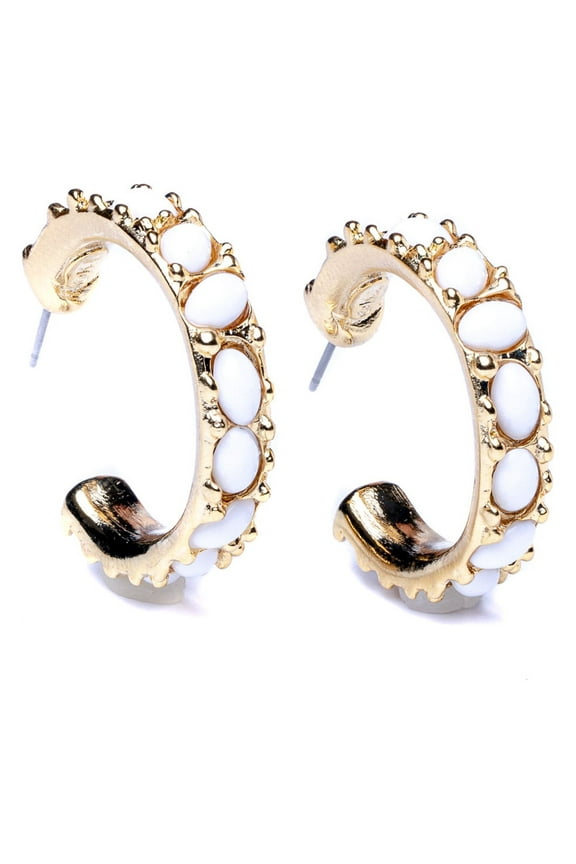 White Cabochon Pierced Hoop Earrings