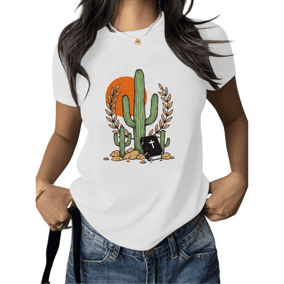 White Cactus Bible Graphic Tees Print Tshirt Religious Shirts For Women Western Country Casual Shirts For Church And Daily Wear Tops S-5XL