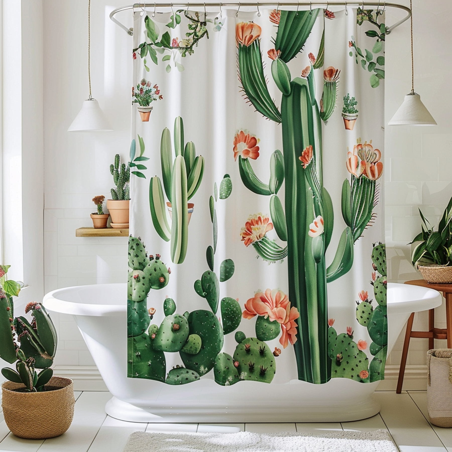 White Cactus Cacti Bathroom Curtains with Green and Red Print Plant