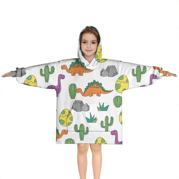 White Cactus Dino Eggs Dinosaurs Pattern Blanket Hoodies for Kids 6-13YR Oversize Wearable Blanket Hoodies for Boys Girls Teens