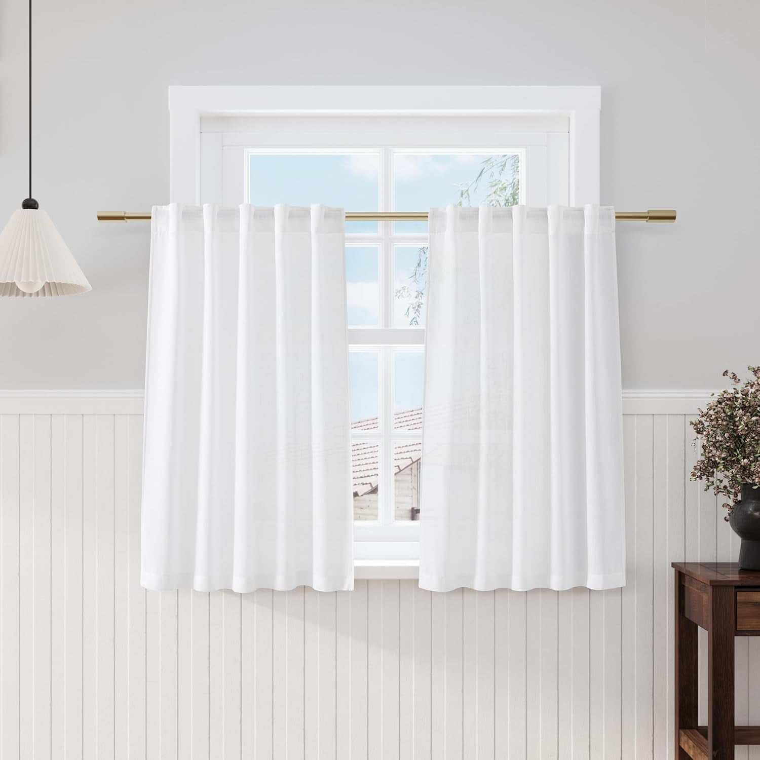 White Cafe Curtains 45 Inch Length Set 2 Panel Back Tab Pocket Semi ...