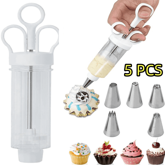 White Cake Decorating Gun, Cupcake Icing Piping Kit, Cake Decorating Kit with 6 Stainless Steel Piping Tips, Cupcake Injector/Decorating Icing Set
