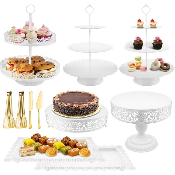 White Cake Stand Dessert Table Display Set, Metal Tiered Cupcake Holder Fruits Snack Donut Plate Serving Tower Tray Platter With Tong, Cake Knife and Server Set For Wedding Birthday Party Decor 11PCS