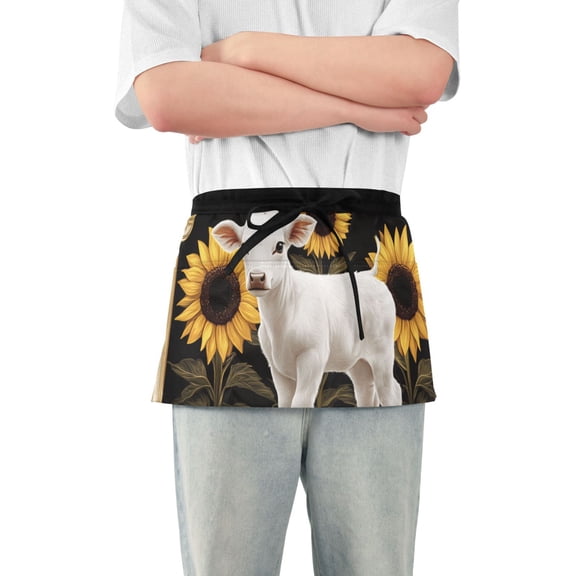 White Calf Sunflowers in Frame Short Server Apron with 3 Pockets for Unisex Chef Gardening