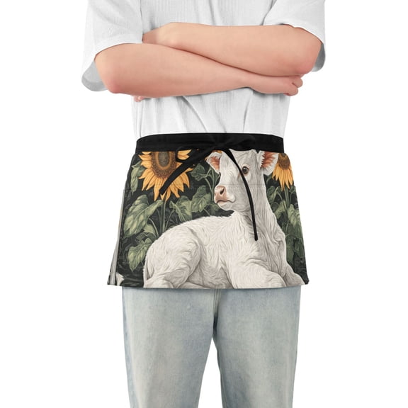 White Calf and Sunflowers Short Server Apron with 3 Pockets for Unisex Chef Gardening