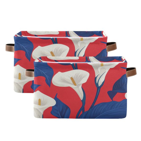 White Calla Lilies with Blue Leaves Foldable Storage Basket,Canvas Fabric Foldable Storage Bins with Handles Open Home Storage Bins Boxes for Toy Book Shelf Closet Baskets