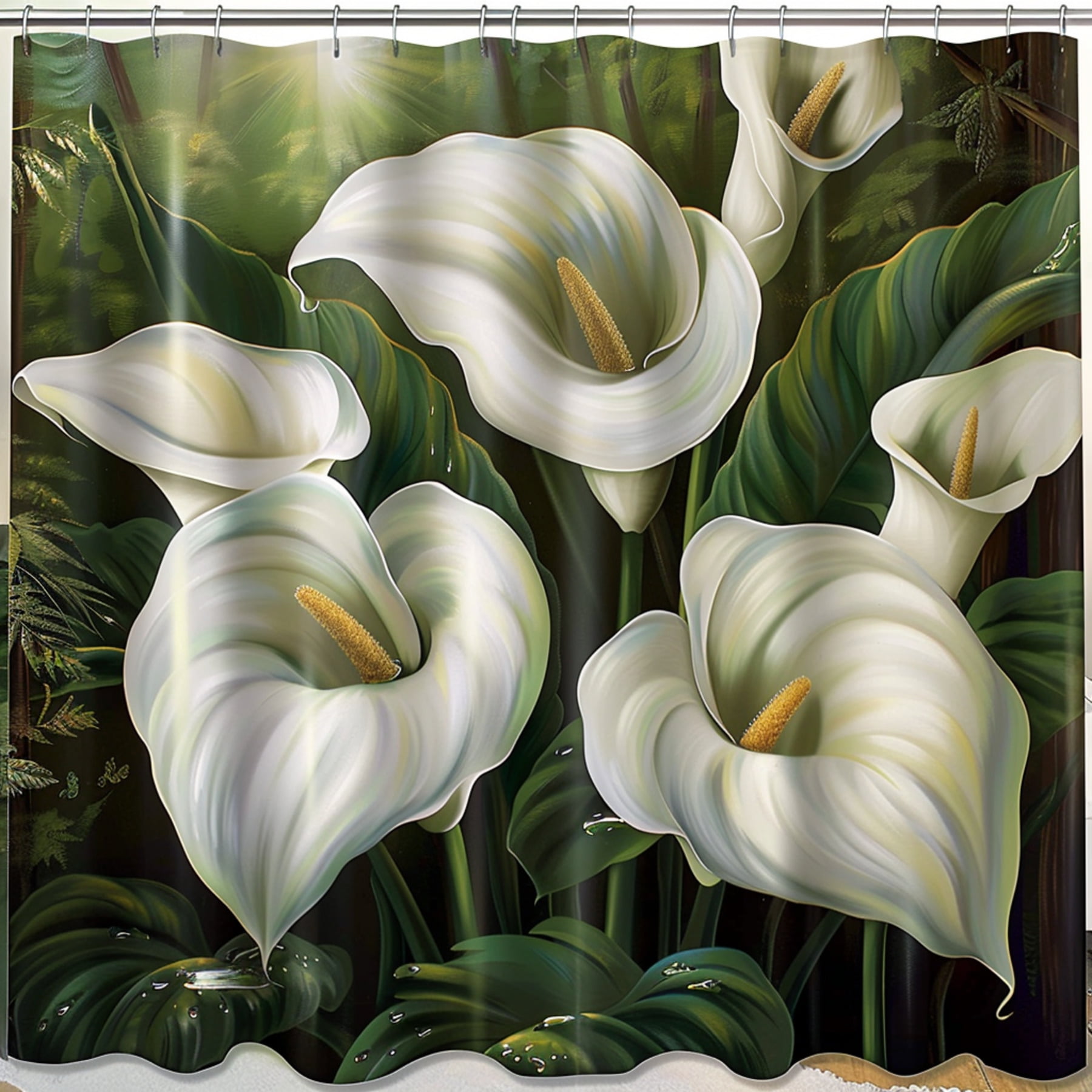 White Calla Lilies Forest Art Shower Curtain Elegant Floral Bathroom