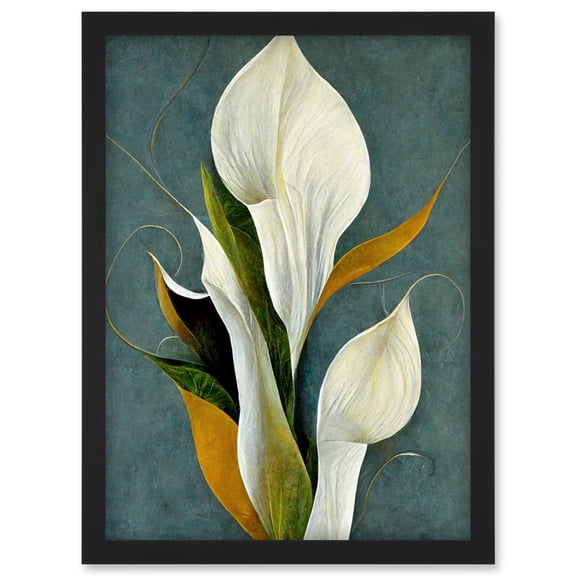 White Calla Lily Bouquet Flowers In Blue Background Realism Artwork Framed Wall Art Print A4