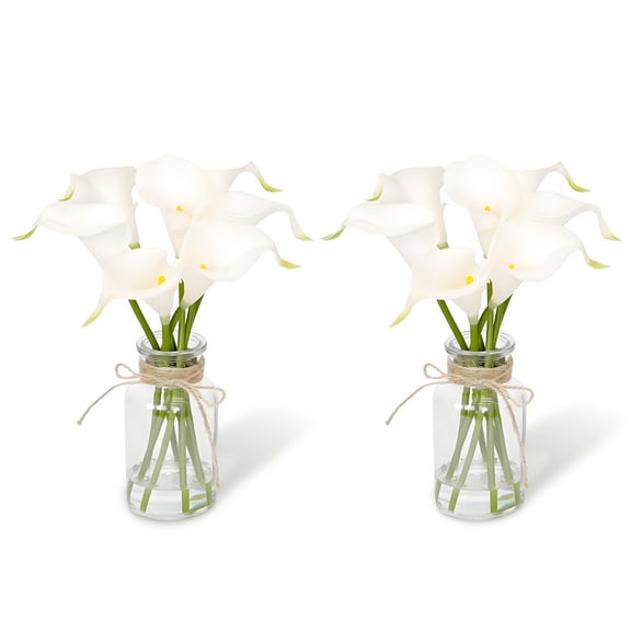 White Calla Lily Faux Floral Set, 2 Glass Vases with Lifelike Latex Blooms and Clear Faux Water for Tabletop, Events, and Home Styling