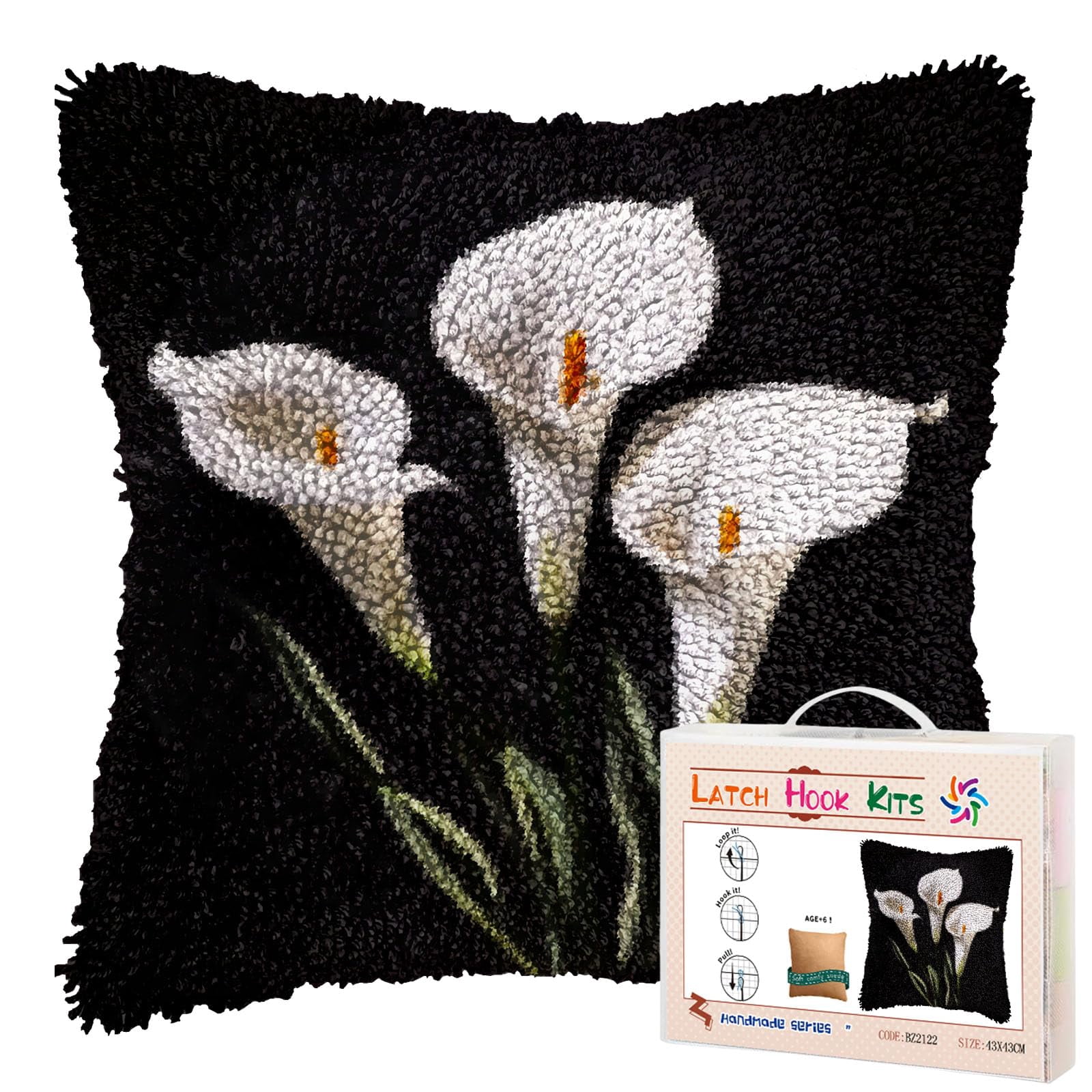 White Calla Lily Flower DIY Latch Hook Pillow Kits for Adults Printed Pillowcase Crochet Yarns Hooking Handmade Pillow Cover Cushion for Home Sofa Decoration 17x17inch