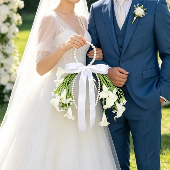White Calla Lily Tulip Waterfall Wedding Bouquet, Pearl Handle Bridal Hand Flower with Satin Bow, Photoshoot Ceremony Floral Decor