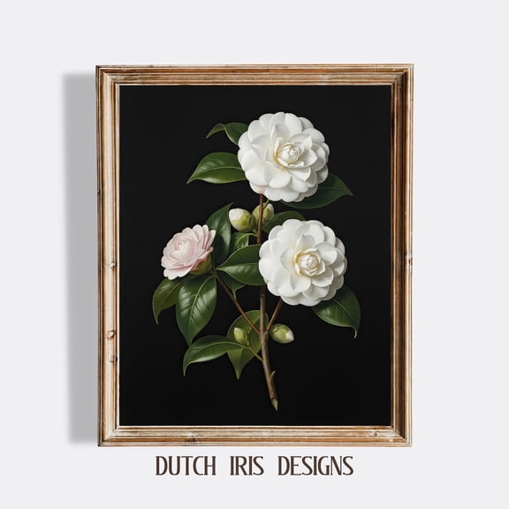 White Camellia Floral Art, Vintage Flower Wall Art, Rustic Cottagecore Decor, Pink Buds Botanical, Print 932 Home Decor #1347, Unframed Poster Size 12x18