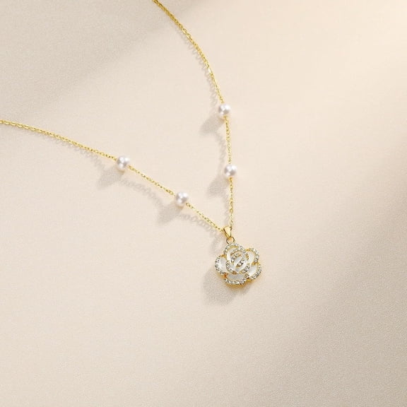 White Camellia Flower Pearl Beaded Necklace Gold Imitation Pearl Choker Necklace Bridals Wedding Prom Party Jewelry Gift