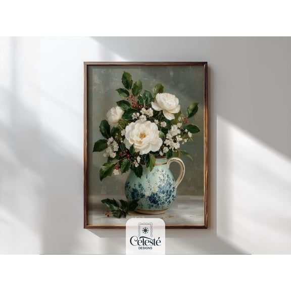 White Camellia & Holly Still Life, Floral Wall Art, Winter Flower Jug, Classic Botanical Winter Decor #679 Warm Present Vintage UNFRAMED Poster Size 16x24