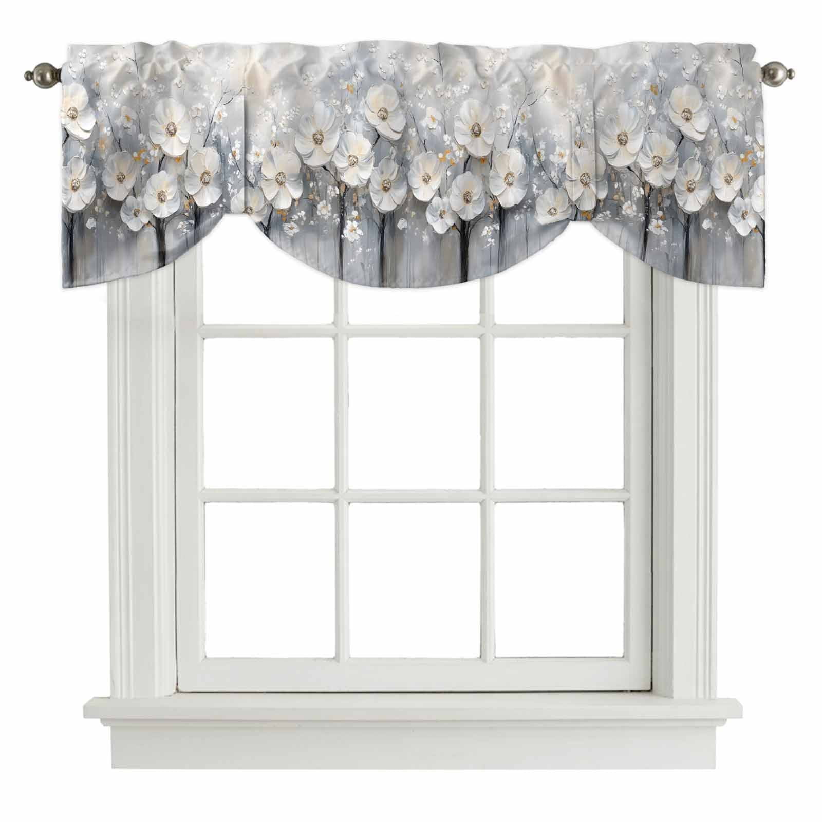 White Camellia Tie Up Valance for Windows, Spring Retro Flower Floral ...