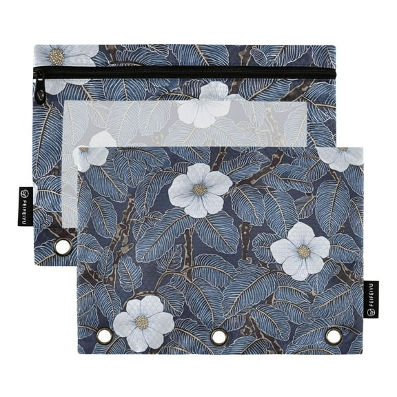White Camellias with Blue Leaves 2 Pack Pencil Pouch for 3 Ring Binder Smooth Zipper Folders with Pockets Clear Window Pencil Case