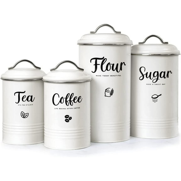 White Canister Set - Airtight Metal Containers for Countertop, Coffee, Tea, Flour, Sugar - Set of 4 for Farmhouse Kitchen Decor