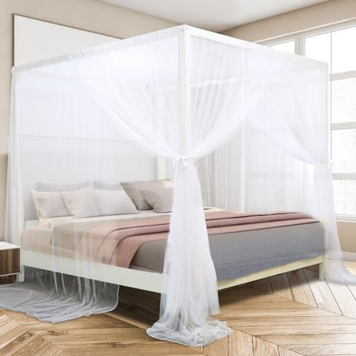 White Canopy Bed Curtains, 4 Corner Post Bed Canopy for Girls & Adults, Top Luxurious Bed Drapes for Bedroom Decoration, 4 Openings, 100% Ripstop Polyester, Easy Install, King/Queen Size