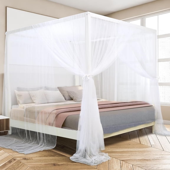 White Canopy Bed Curtains, 4 Corner Post Bed Canopy for Adults, Top Luxurious Bed Drapes for Bedroom Decoration, 4 Openings, 100% Ripstop Polyester