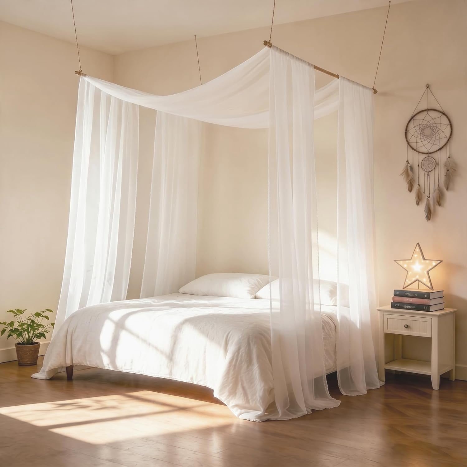 White Canopy Bed Curtains Princess Bed Canopy Scarf for Queen/King Metal Wood Bed Frame, Bed Canopy for Girls Boys, 2 Panel Sheer Chiffon Curtain 39.4" W x 236" L