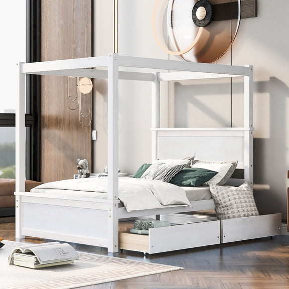 White Canopy Bed with Drawer Storage / Solve Bedroom Clutter