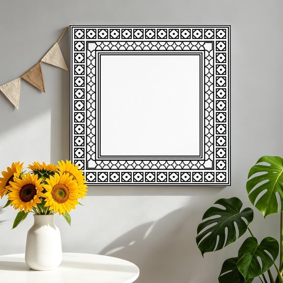 White Canvas Wall Art, Boho Diamond Pattern Border Rustic Southwestern Framed Canvas Wall Decor Picture Print Artwork Decorations for Living Room Office Ready to Hang 8" x 8"