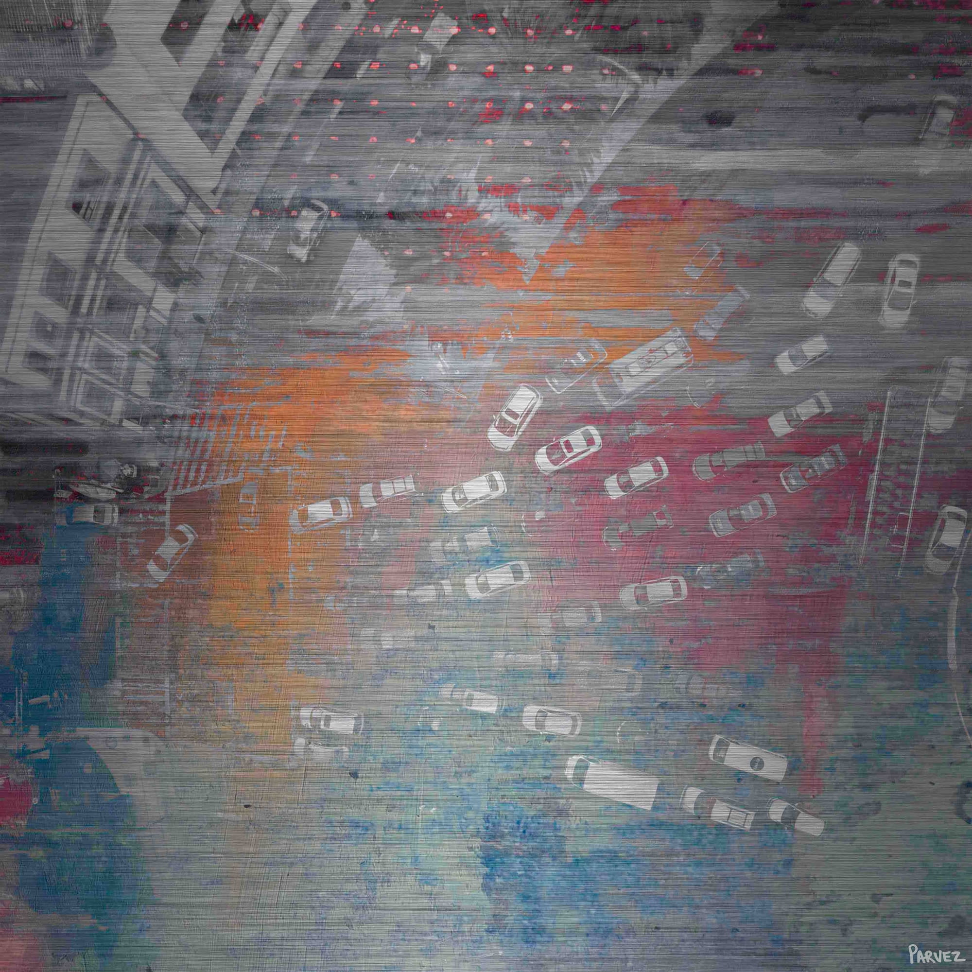 "White Car Jam" Painting Print on Brushed Aluminum
