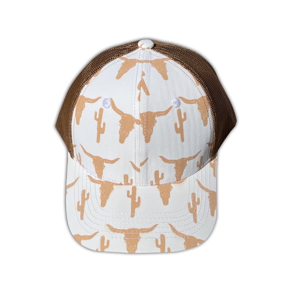 White Caramel Bull Skull Horn Cactus Womens Snap Back Outdoor Western Punchy Fashion Trucker Baseball Cap