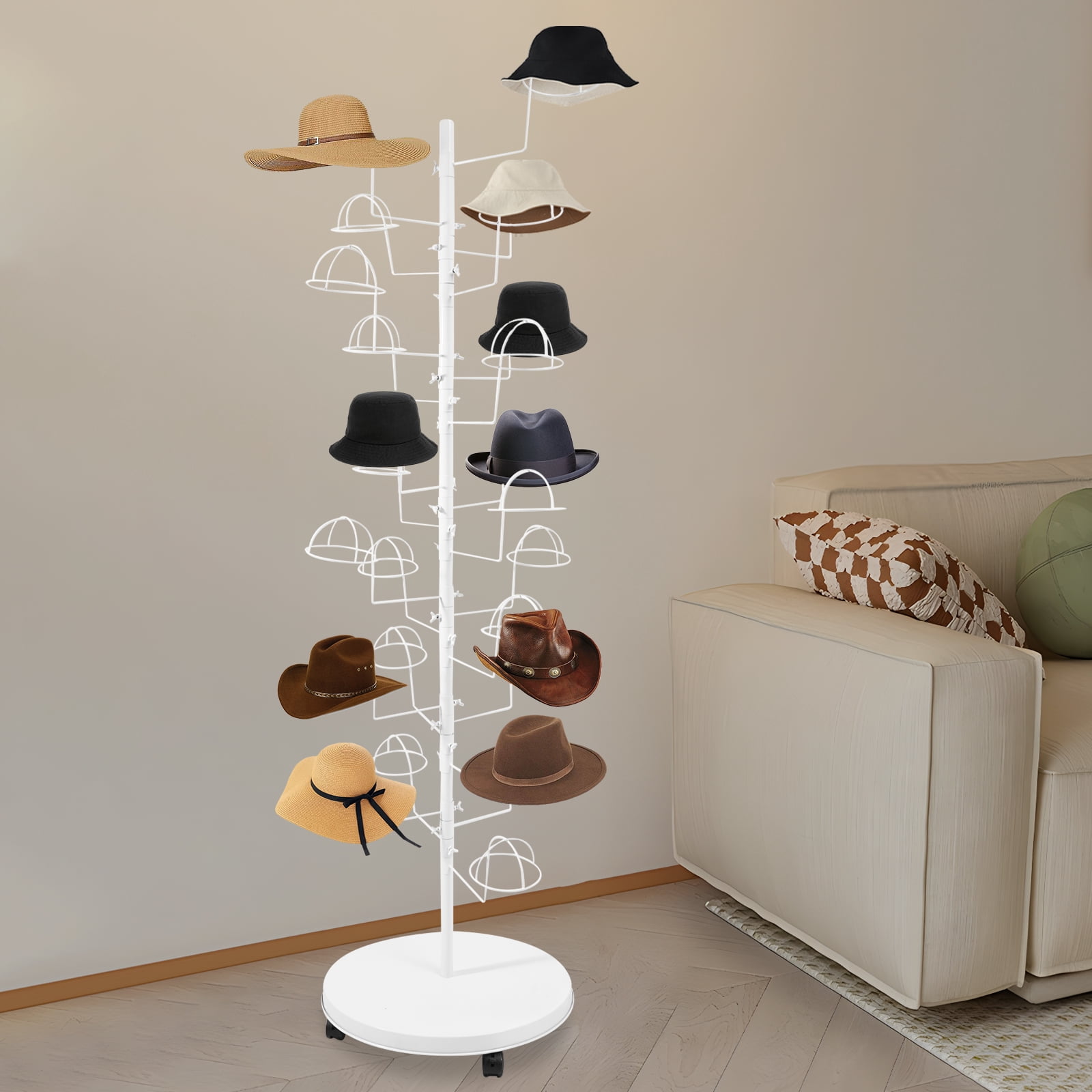 White Carbon Steel 50*180cm 25 Hook Rotating Hat Rack Movable Hat ...