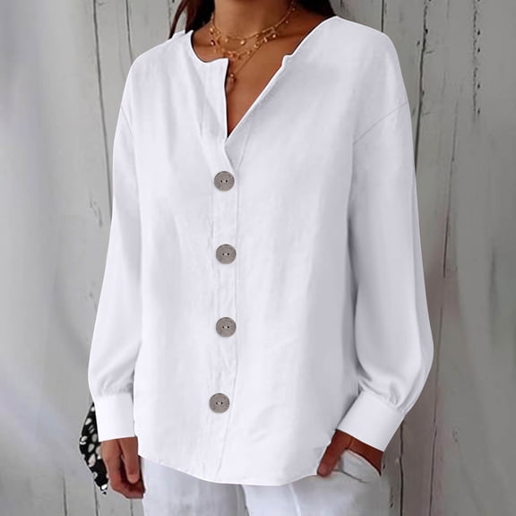 White Cardigan, Women's Solid Color V-neck Long Sleeve Loose And Linen With Decorative Buttons Top Blouse
