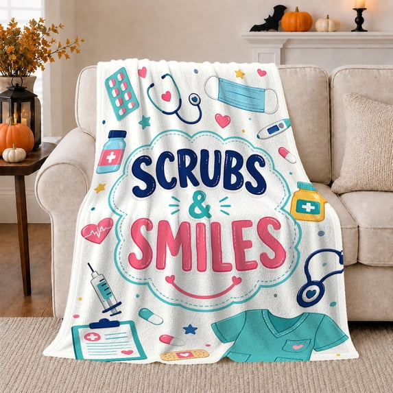 White Care-Themed Scrubs And Smiles, Playful Care Typography Style for Care Professionals And Graduates, Housewarming Gift with Cozy Flannel Blanket, Home Decor for Bedroom And Office And Reading