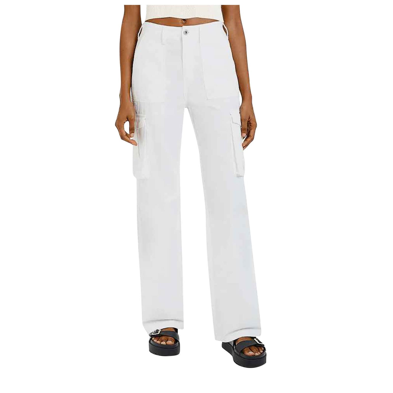 White Cargo Pants Women Adjustable Straight Fit Cargo Pants High Waist ...