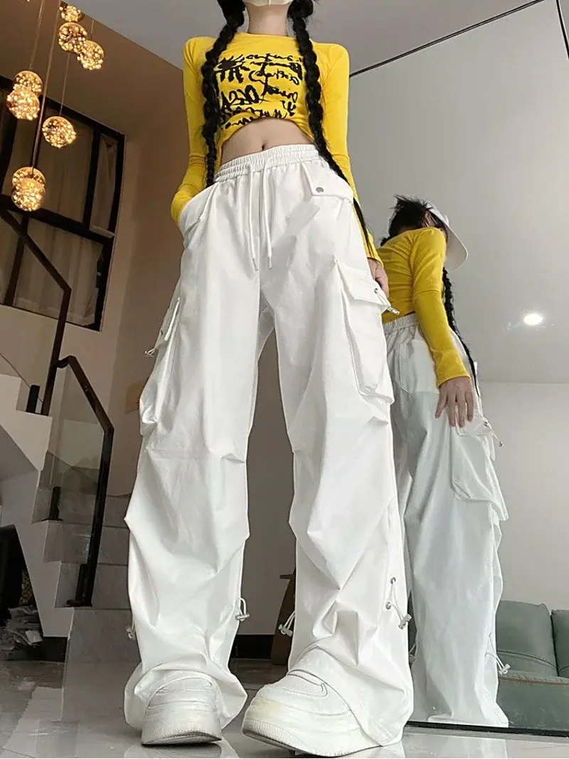 [PERSTEP]★24SS★韓国人気★TWO TUCK PIGMENT PARACHUTE PANTS White Cargo Parachute Pants Y2k Baggy Kpop Pleated Trousers