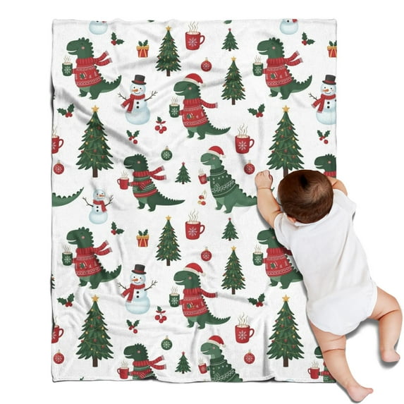 White Cartoon Christmas Dinosaurs Sweaters Pattern Blanket,Comfortable Soft Flannel Throw Blanket,All Season,Warm Lightweight Blankets for Sofa Bed Couch Living Room Chair,30"x40"