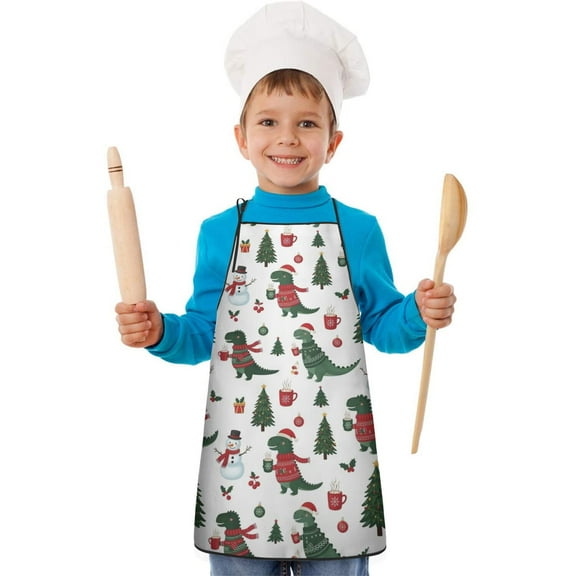 White Cartoon Christmas Dinosaurs Sweaters Pattern Kids Aprons for Girls and Boys,Adjustable Neck Strap Toddler Aprons for Kids Cooking Baking