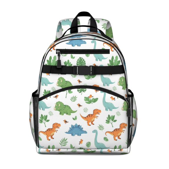 White Cartoon Colorful Dinosaurs Pattern Cute School Backpack Bag for School with Padded Back and Adjustable Shoulder Straps 15.25"x11.5"x5.25"